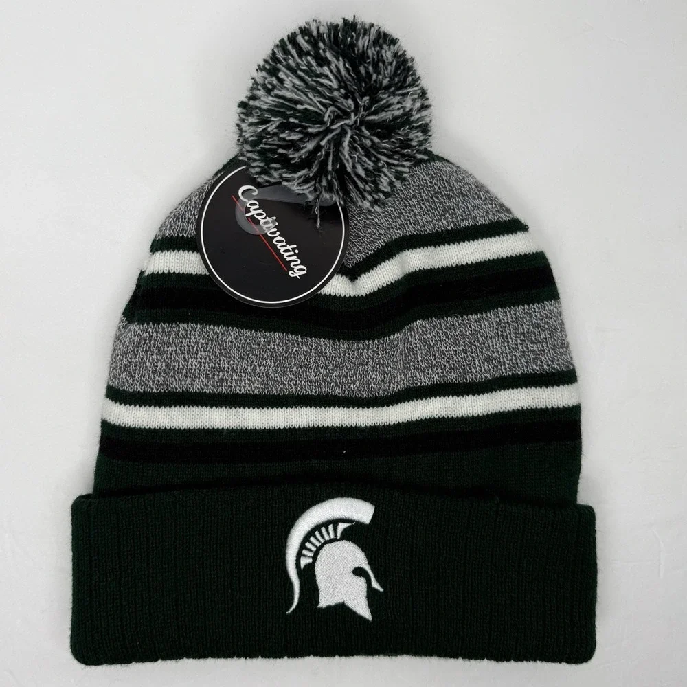 Michigan State Spartans Adult Green Pom Knit Beanie Hat Toque Captivating NEW